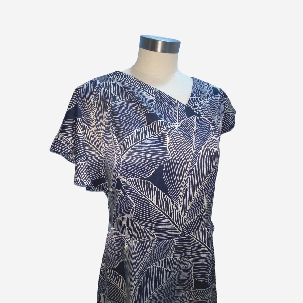 Viola Anthropologie Leaf Print Dress Navy Asymmetrical Sleeve Sheath 40 Cocktail